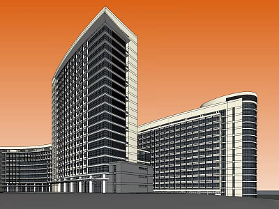 Modern High Rise Buildings With Glass Facade And Orange Sky Background 3d model