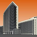 Modern High Rise Buildings With Glass Facade And Orange Sky Background