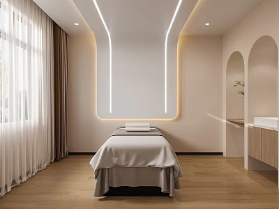 Serene SPA Massage Room With Light Sheets Large Windows LED Lighting And Wooden Flooring 3d model