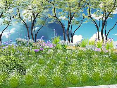 Bush Garden Landscape with Green Grass Purple Flowers Trees and Blue Sky 3d model