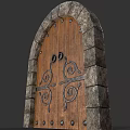 Arched Wooden Gate With Stone Frame And Intricate Metal Decorations