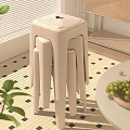 Minimalist Stackable Beige Stools in Modern Home Interior with Round Table Green Plants and Grapes