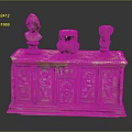 Antique Wooden Cabinet Featuring Carved Designs With Two Small Busts And Pottery Jar On Top