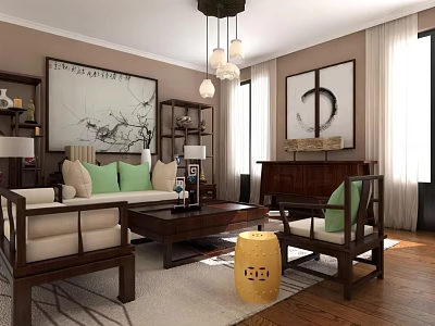 Chinese Style Wooden Sofa and Coffee Table Set with Green Cushions and Wall Art 3d model