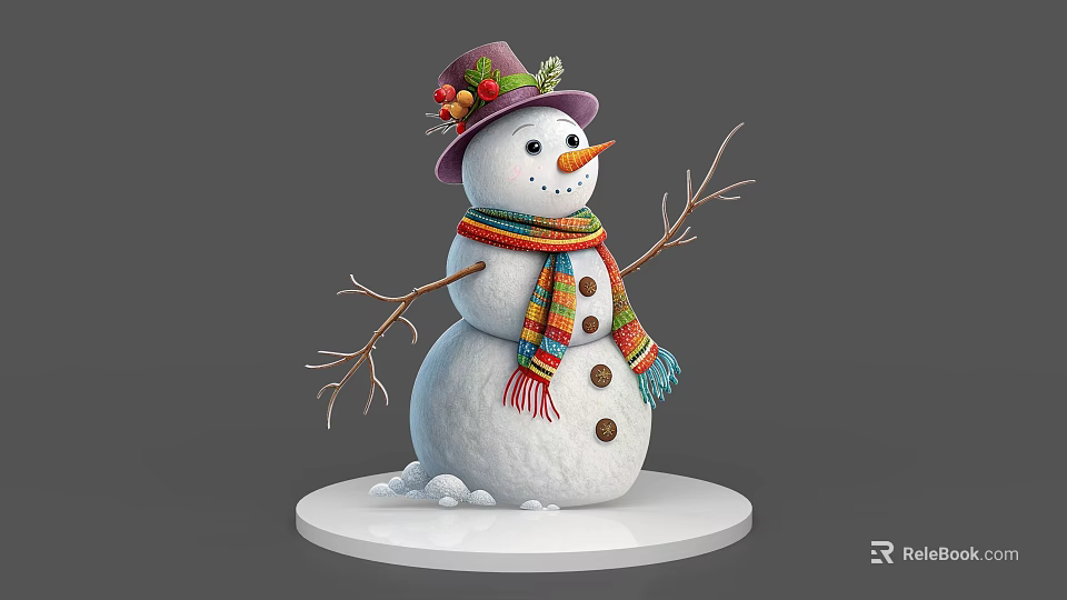 Snowman Game Movie Character with Purple Hat Colorful Scarf Carrot Nose Twig Arms and Buttons 3d model 