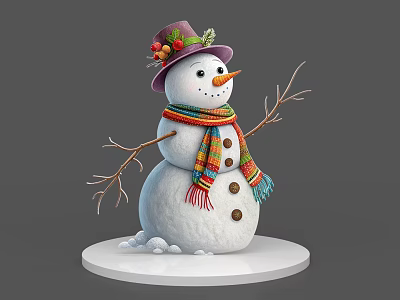 Snowman Game Movie Character with Purple Hat Colorful Scarf Carrot Nose Twig Arms and Buttons 3d model