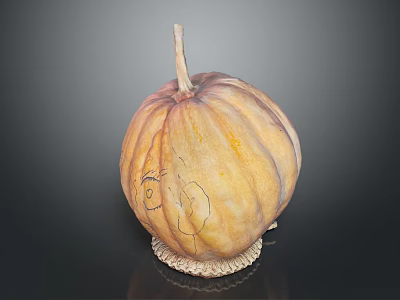 Decorative Pumpkin With Hand Drawn Design And Wicker Base On Black Surface 3d model