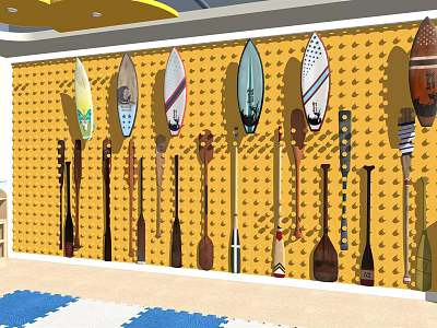 Recreational Equipment Display Featuring Surfboards and Paddles on Yellow Wall with Blue White Checkered Floor 3d model