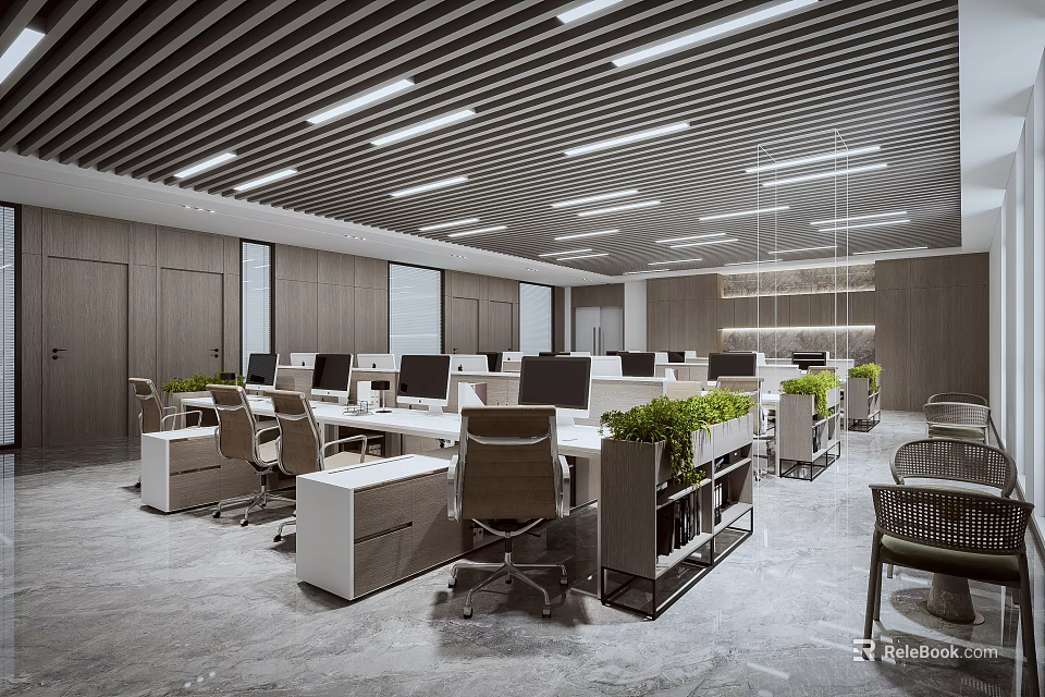 Modern Open Office Area With Desks Monitors Green Plants And Linear Ceiling Lights 3d model 