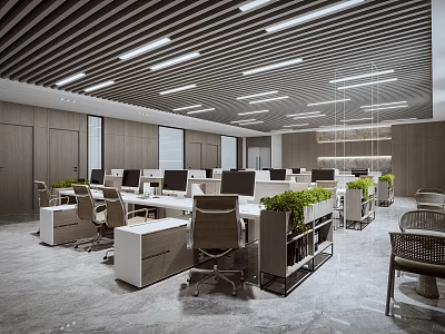Modern Open Office Area With Desks Monitors Green Plants And Linear Ceiling Lights 3d model