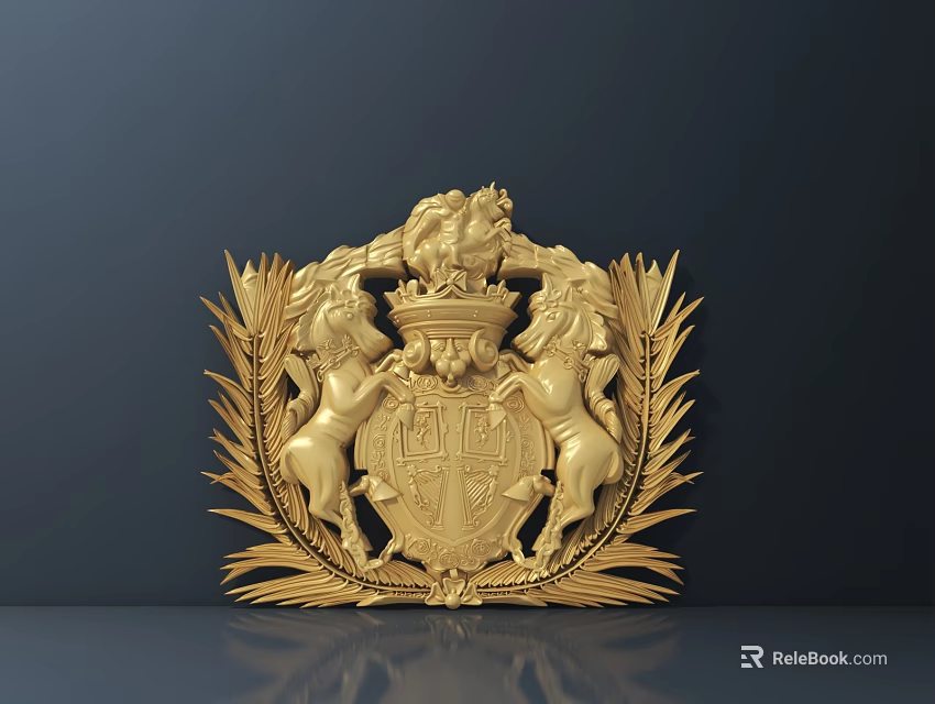 Intricate Golden Emblem Sculpture With Lions Shield Crown And Laurel Leaves 3d model 