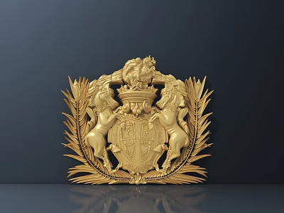 Intricate Golden Emblem Sculpture With Lions Shield Crown And Laurel Leaves 3d model