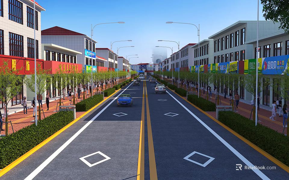 Municipal Road With Marked Lanes Street Lamps Green Belts And Buildings On Both Sides 3d model 