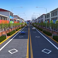 Municipal Road With Marked Lanes Street Lamps Green Belts And Buildings On Both Sides