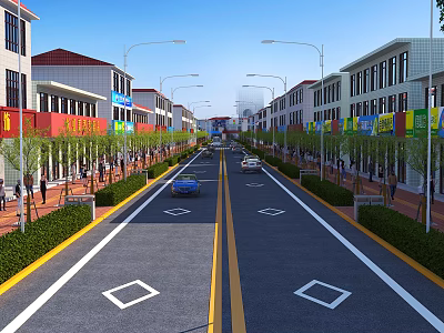 Municipal Road With Marked Lanes Street Lamps Green Belts And Buildings On Both Sides 3d model