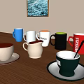 Blue White Ceramic Cups With Orange Interior Patterned Prints Saucer Cream Pitcher On Wooden Table