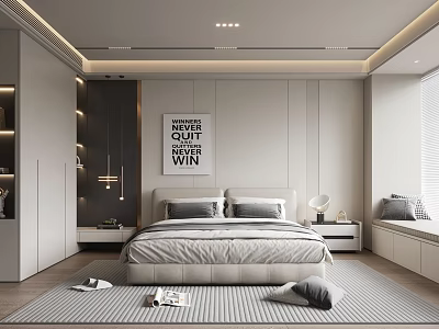 Modern Bedroom Interior Design With Large Bed Gray Pillows Wall Art And Striped Rug 3d model