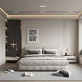 Modern Bedroom Interior Design With Large Bed Gray Pillows Wall Art And Striped Rug