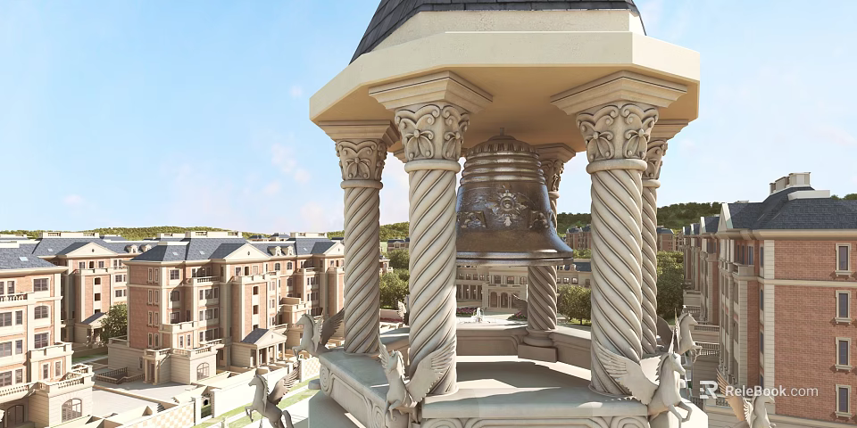 Landscape Pavilion With Twisted Columns Bell And Angel Statues Against Blue Sky 3d model 