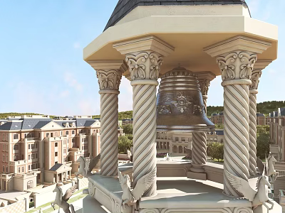 Landscape Pavilion With Twisted Columns Bell And Angel Statues Against Blue Sky 3d model