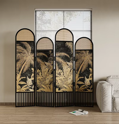 Rattan Topped Room Divider With Gold Palm Patterns In Living Room 3d model