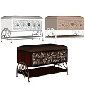 Leather And Fabric Upholstered Storage Ottoman With Floral Carvings And Metal Legs