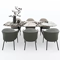 Rectangular Dining Table Set With Marble Tabletop Six Gray Chairs And Vase With Plants 3d model