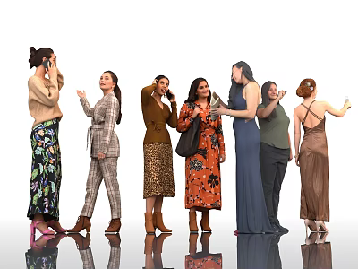 Women with Different Fashion Styles Conversing and Using Phones on White Background 3d model