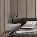Modern Bedroom Interior With Wooden Panel White Tile Wall Gray Bed And Pendant Light
