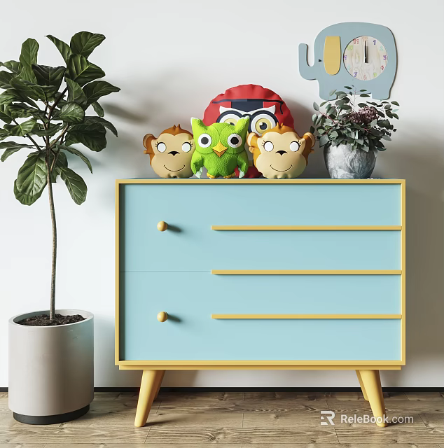 Light Blue Console Side Cabinet with Drawers Plush Toys Potted Plants and Wall Decor 3d model 