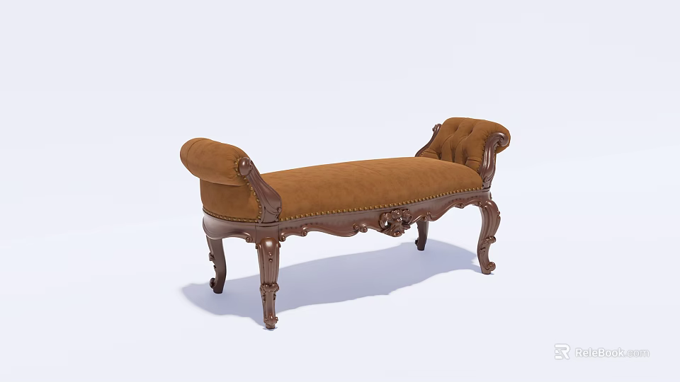 Vintage Brown Upholstered Ottoman Bench with Carved Wooden Legs and Classic Design 3d model 