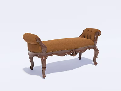 Vintage Brown Upholstered Ottoman Bench with Carved Wooden Legs and Classic Design 3d model