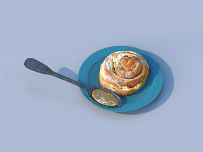 Appetizing Cinnamon Roll Placed on Blue Plate with Black Spoon and Sauce 3d model