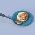 Appetizing Cinnamon Roll Placed on Blue Plate with Black Spoon and Sauce