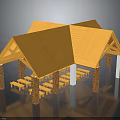 Traditional Pavilion With Yellow Roof Red Brick Pillars And Wooden Benches