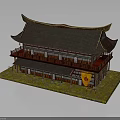 Traditional East Asian Multi Story Building With Red Walls Curved Eaves And Dark Tiled Roof
