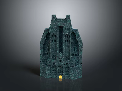 Green Castle Style Building With Textured Stone Tower And Yellow Door 3d model