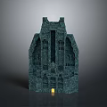 Green Castle Style Building With Textured Stone Tower And Yellow Door