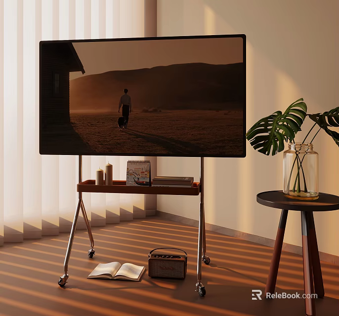 TV Screen Showing Sunset Scene On Wheeled Stand With Books Green Plant And Curtains 3d model 