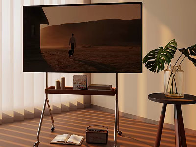 TV Screen Showing Sunset Scene On Wheeled Stand With Books Green Plant And Curtains 3d model