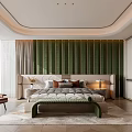 Modern Bedroom Interior With Green Striped Accent Wall Bed With Pillows Bedside Tables And Lamps