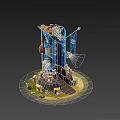 Cartoon Style Mechanical Tower Scene With Gears Flag Searchlight And Stone Base