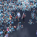 Colorful Bubbles Installation With People Interacting In Dark Background Vibrant Atmosphere