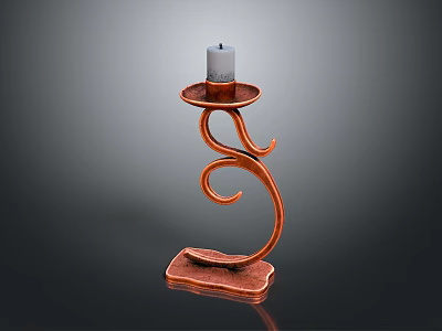 Copper Candle Holder With White Candle And Curved Decorative Design 3d model