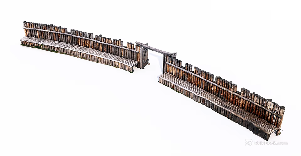 Traditional Wooden Fence Entrance Gate With Ancient Style Structure Design 3d model 