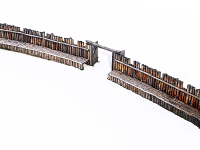 Traditional Wooden Fence Entrance Gate With Ancient Style Structure Design 3d model