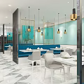 Modern Restaurant Open Kitchen Interior With Chefs Teal Counter White Tiled Walls And Plants