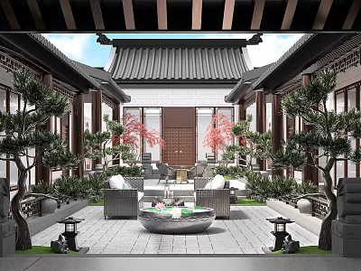 Ancient Architecture Courtyard Featuring Traditional Roof Surrounding Trees Greenery And Leisure Tables Chairs Layout 3d model