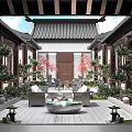 Ancient Architecture Courtyard Featuring Traditional Roof Surrounding Trees Greenery And Leisure Tables Chairs Layout