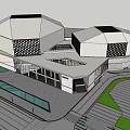 Modern Sales Office Building Design With Geometric Shapes Glass Facade And Outdoor Plaza